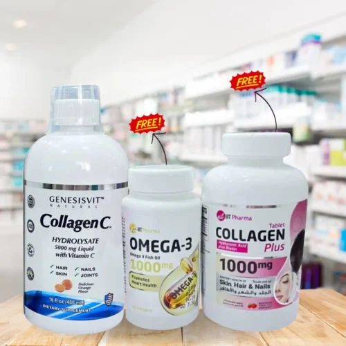 توصيل غير مجاني Buy Genesisvit Collagen Liquid 480ML & Get Bt Pharma Omega-3 60 Capsules + Collagen Plus 1000mg Chewable 120 Tablets for FREE